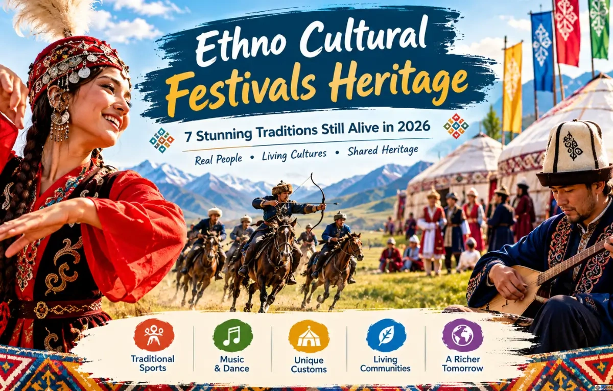 Culture Mosaic promotional banner for "Ethno Cultural Festivals Heritage: 7 Stunning Traditions Still Alive in 2026," featuring a woman in traditional embroidered dress and headdress, a musician playing a stringed instrument, mounted horse archers against a mountain backdrop, and traditional yurts.