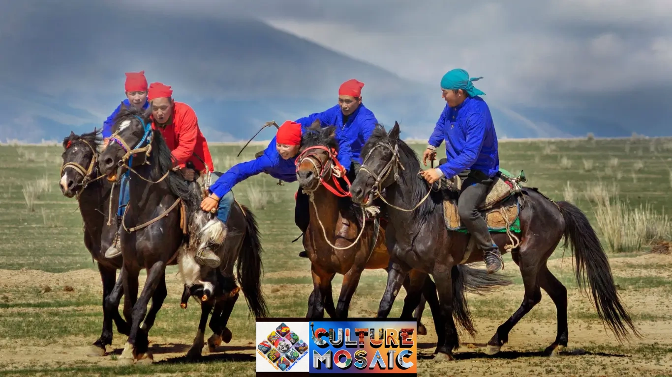 Ethno Cultural Festivals Heritage: Horse riders in vibrant traditional Central Asian attire competing in a kok-boru (buzkashi) match during an ethno-cultural heritage festival against a mountain steppe landscape.