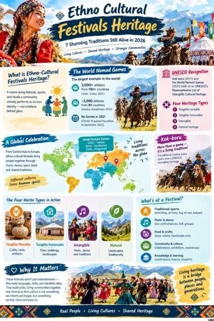 Infographic guide for "Ethno Cultural Festivals Heritage: 7 Stunning Traditions Still Alive in 2026," featuring a breakdown of the World Nomad Games, UNESCO recognition, the four heritage types, traditional sports like kok-boru, and global celebration maps.