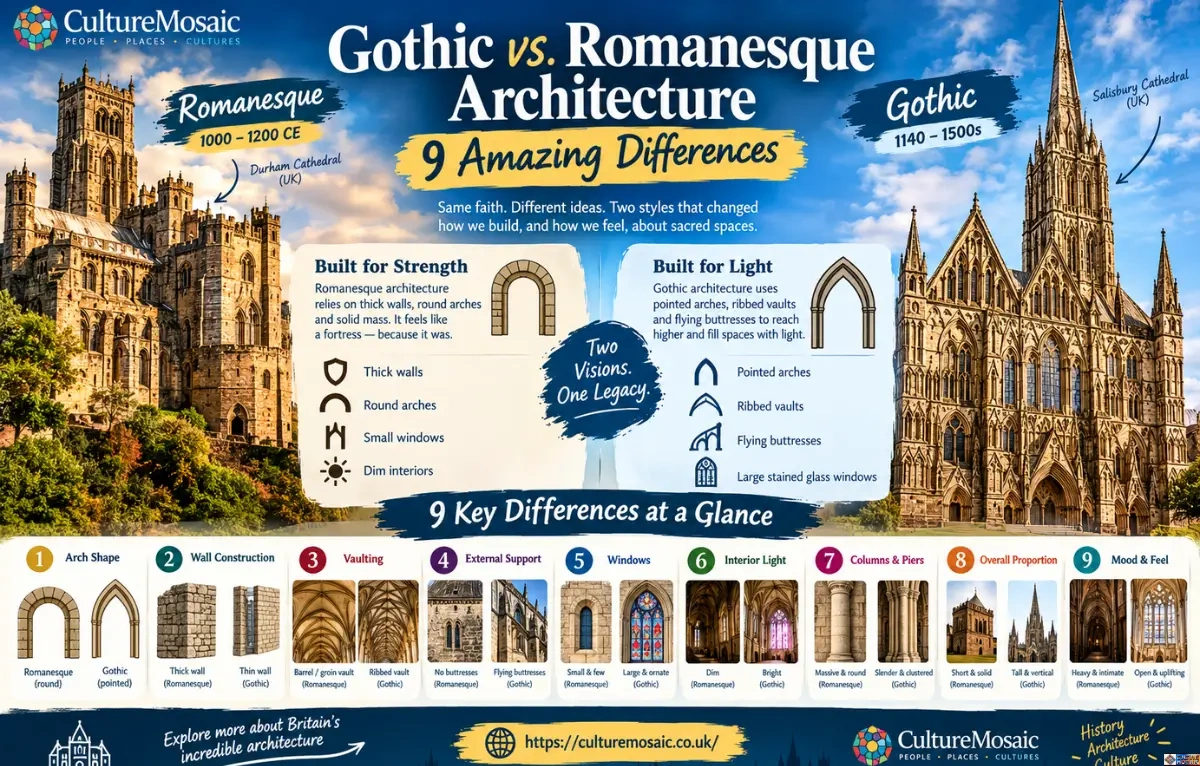 Infographic comparing Gothic and Romanesque architecture through 9 key differences, contrasting features like round arches and thick walls with pointed arches and flying buttresses.