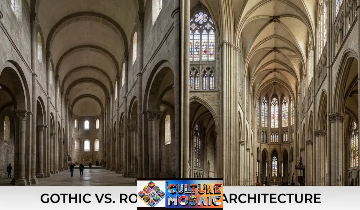 Side-by-side comparison of a heavy Romanesque cathedral nave with rounded stone arches on the left and a soaring Gothic cathedral nave featuring pointed arches and stained-glass windows on the right, labeled Gothic vs. Romanesque Architecture.