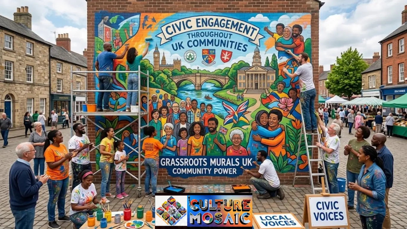 Grassroots Murals UK Civic Engagement: A wide-angle, sunlit photograph capturing a diverse group of dozens of local UK residents actively co-designing and painting a large, vibrant mural on a town square brick wall. The artwork depicts diverse multicultural faces, UK landmarks, and community scenes. Two people are up on scaffolding painting the upper sections. Below the central composition, the hand-painted title clearly reads, "GRASSROOTS MURALS UK & CIVIC ENGAGEMENT".