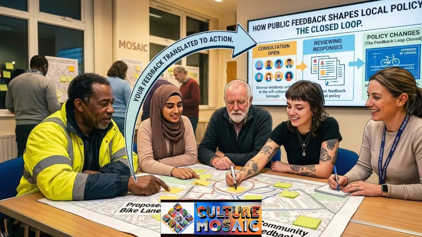 diverse group of four citizens collaborates around a detailed neighborhood map at a community workshop. An older man points to a street. To the left, a vertical infographic arrow labeled "CITIZEN INPUT" points down toward the map, while on the right, a second arrow labeled "POLICY CHANGE" points up toward a screen showing a approved "BIKE LANE PLAN." This illustrates exactly how public feedback shapes local policy.