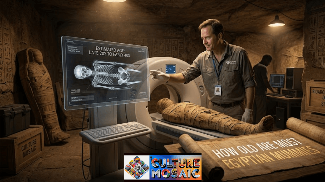 Digital CT scan data analyzing a mummy to answer the question: how old are most Egyptian mummies?