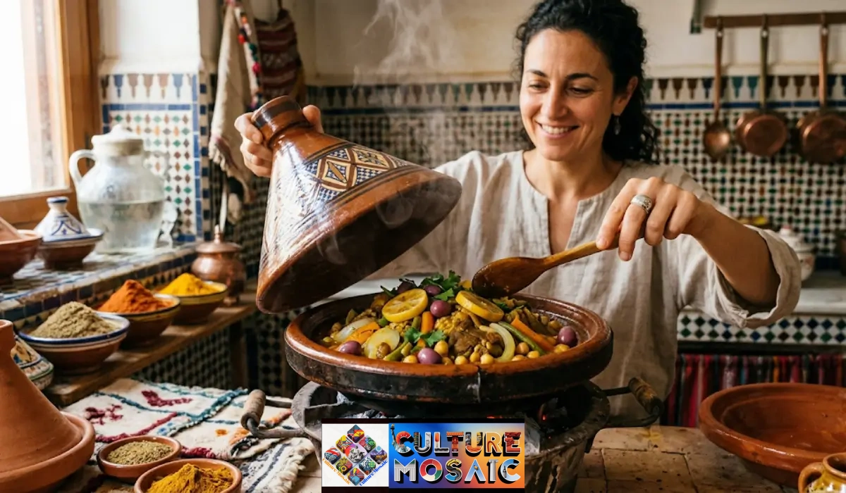 An eye-level photograph capturing a culinary expert lifting the conical lid of an earthenware pot to check a steaming chicken and vegetable tagine, demonstrating how to cook traditional Moroccan tagine on a classic charcoal majmar brazier.