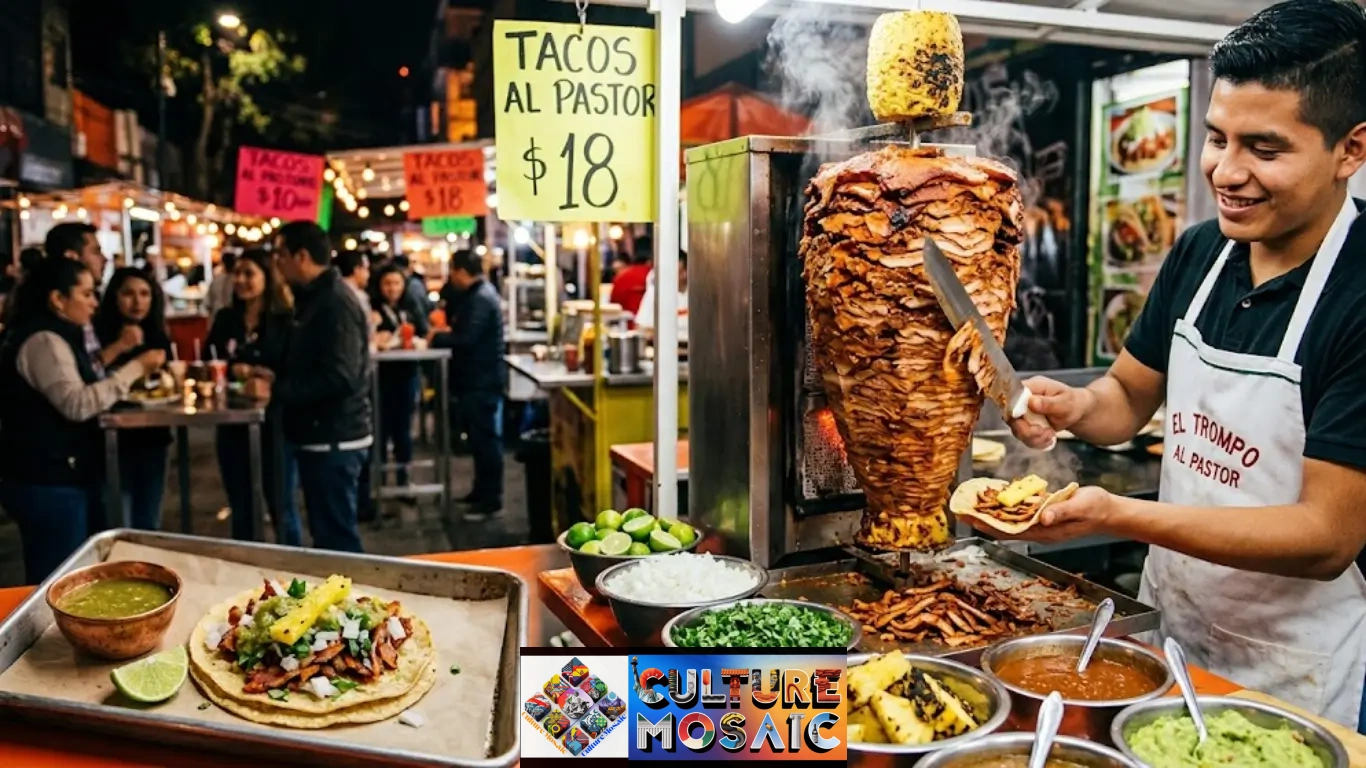 How to make Mexican street tacos al pastor: A wide hero image of a vibrant, bustling night market in Mexico City, where a skilled street vendor masterfully shaves caramelized pork from a towering, glowing trompo (vertical spit) topped with charred pineapple. Thin slices fall onto warm corn tortillas, surrounded by energetic crowds, colorful market lights, and fresh toppings like cilantro, onions, and limes. The focus is on the authentic preparation and sensory experience of Mexican street tacos al pastor.