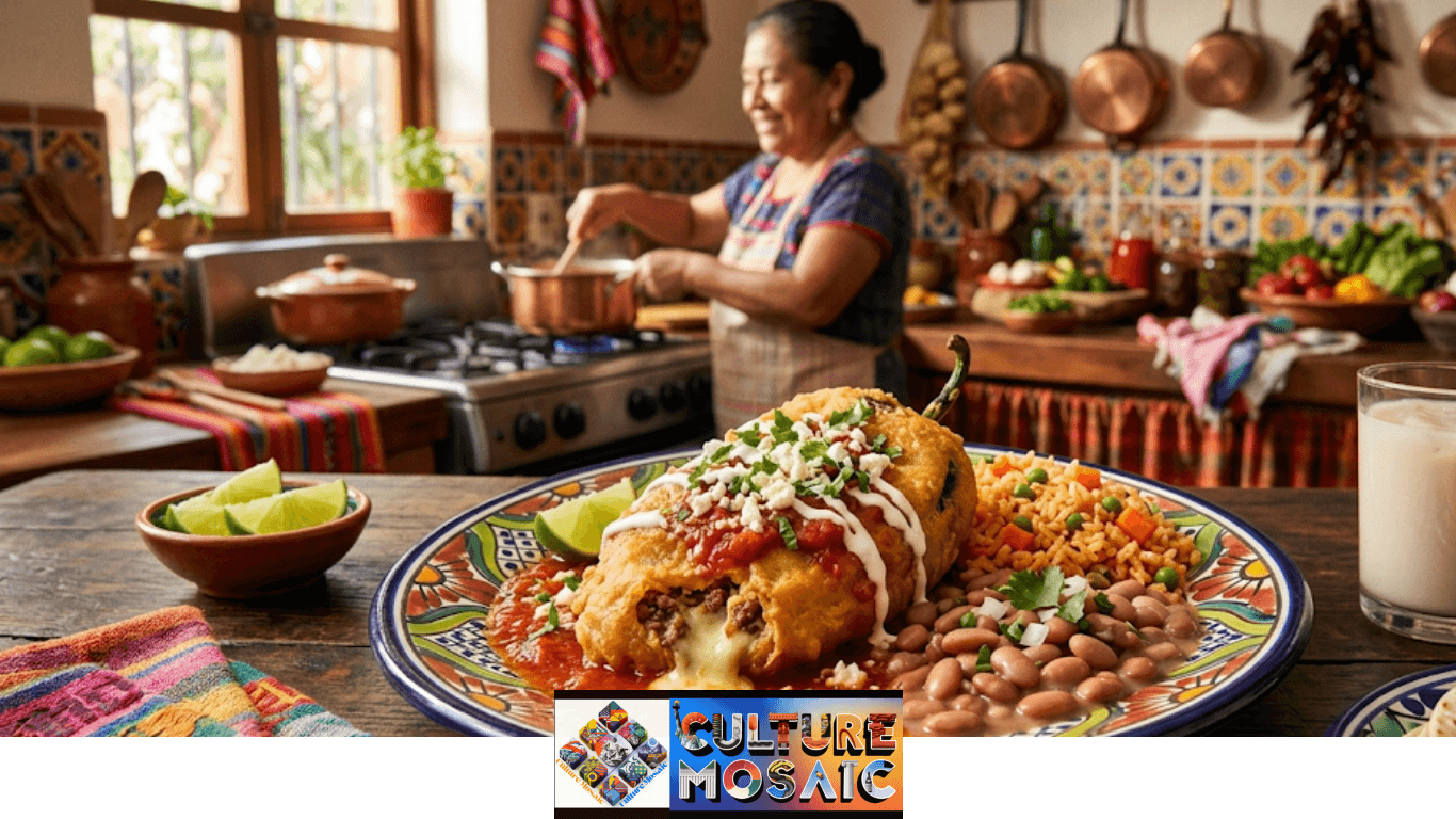 Mexican Chiles Rellenos with Rice and Beans: Golden-fried Mexican chiles rellenos with rice and beans served on a traditional Talavera plate with melted Oaxaca cheese.