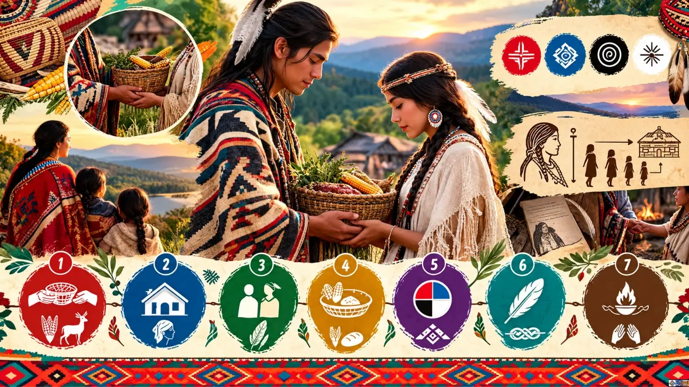 Infographic detailing Native American Cherokee wedding traditions and customs, featuring a couple holding a harvest basket, community symbols, and a numbered 7-step guide.