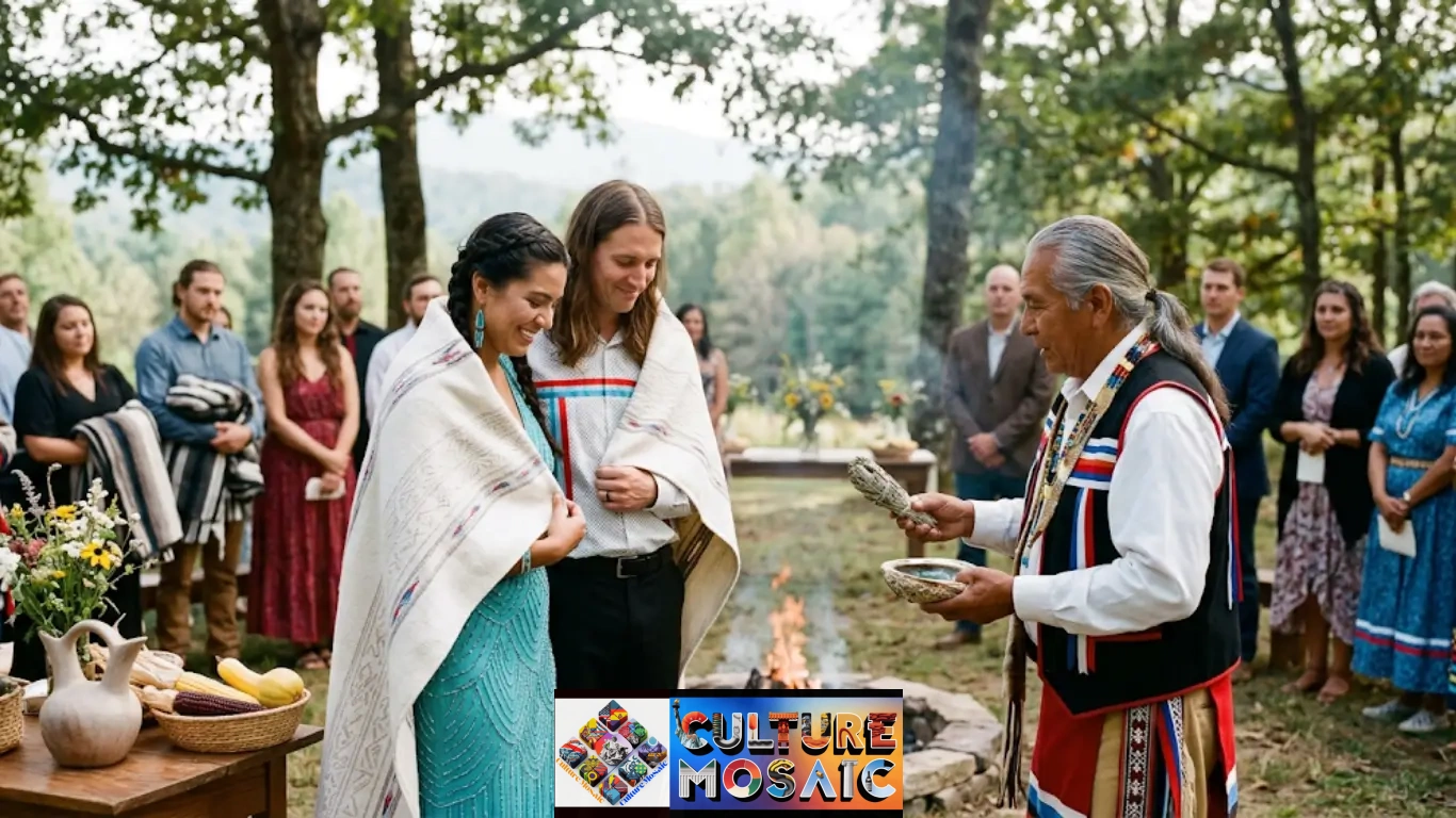 Native American Cherokee Wedding Traditions: A sincere Native American Cherokee Wedding Tradition ceremony where a smiling couple in a light blue beaded dress and ribbon shirt is united by an elder under a patterned blanket.