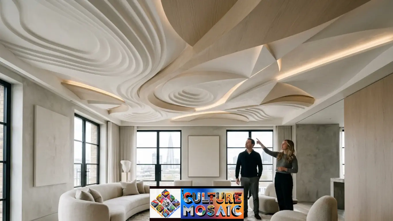 A wide-angle photograph of a sophisticated, modern London penthouse living room showcasing a magnificent, multi-dimensional sculptural ceiling design featuring flowing gypsum curves, warm wood facets, and integrated cove lighting. Two people stand admiring the architectural artwork overhead.