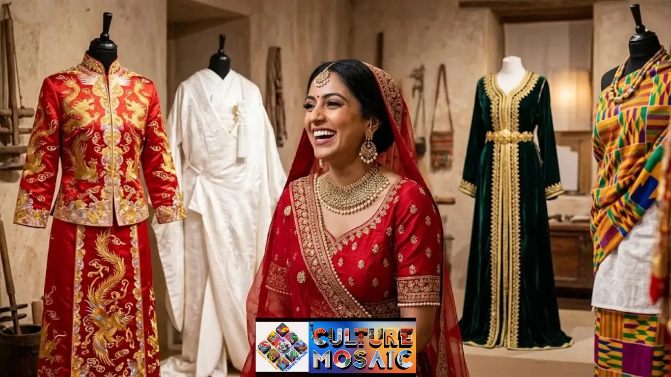 A wide cultural photograph focusing on the traditional wedding dress cultural meaning. In the foreground, a South Asian bride in a richly embroidered crimson lehenga smiles broadly, surrounded by a diverse background gallery of global bridal attire: a Chinese Qun Kua, a Japanese Shiromuku, a Moroccan Caftan, and a Ghanaian Kente ensemble, each displayed on mannequins in a warm, curated heritage museum setting.
