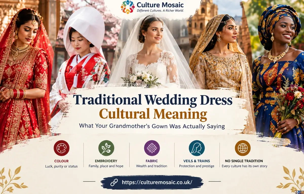 Traditional wedding dress cultural meaning featuring diverse global brides in heritage bridal attire, highlighting colour, embroidery, fabric, veils, and traditions.