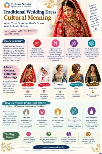 Infographic exploring the cultural meaning of traditional wedding dresses, detailing global bridal colours, the history of white wedding gowns, and heritage traditions.