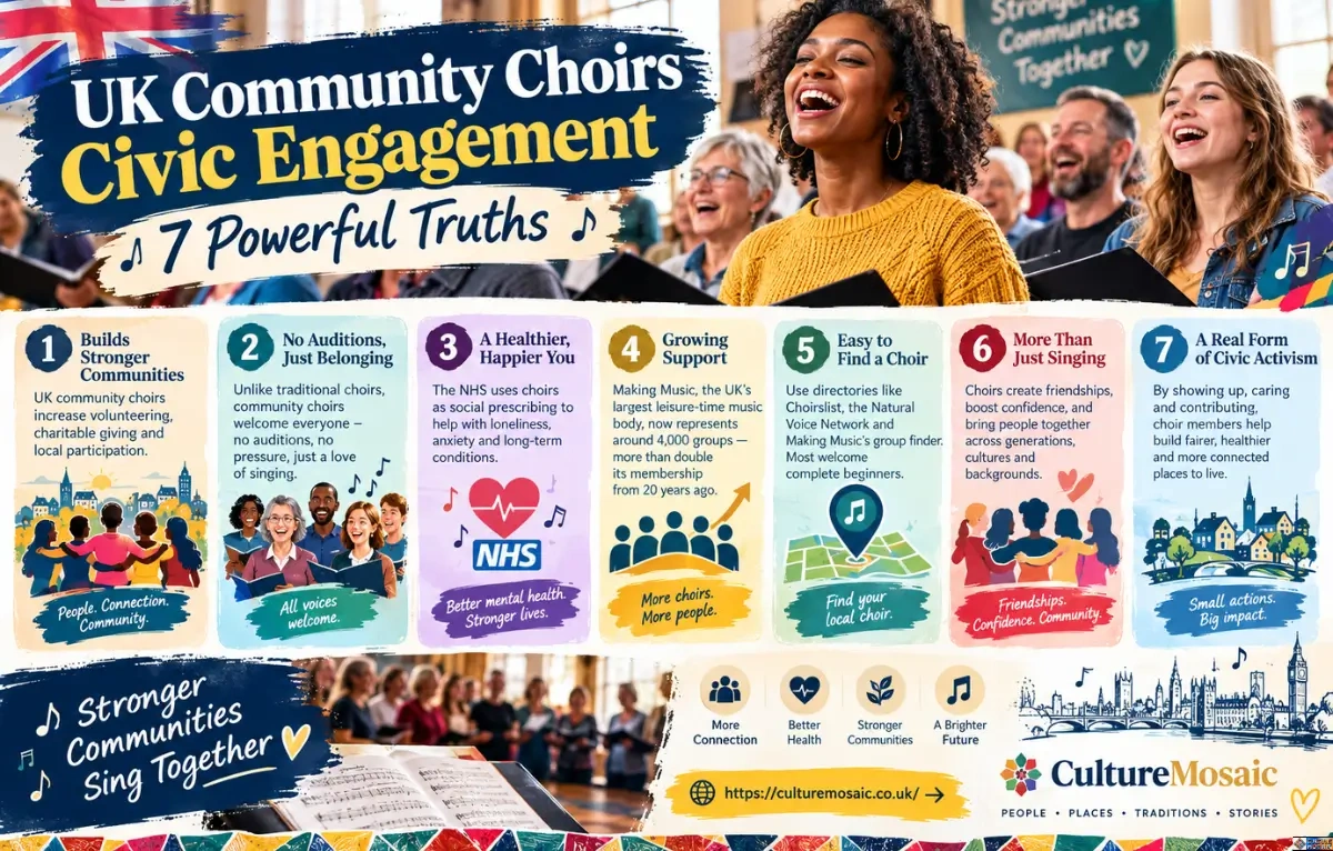 UK community choirs infographic highlighting 7 powerful truths about civic engagement, stronger communities, wellbeing, belonging, friendship, and community participation, with Culture Mosaic branding.