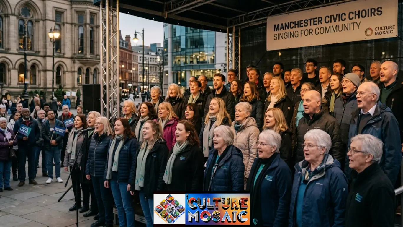 UK Community Choirs Civic Engagement: A diverse intergenerational UK community choir performs on an outdoor stage in a Manchester city square at dusk, illustrating civic engagement and social prescribing in action.