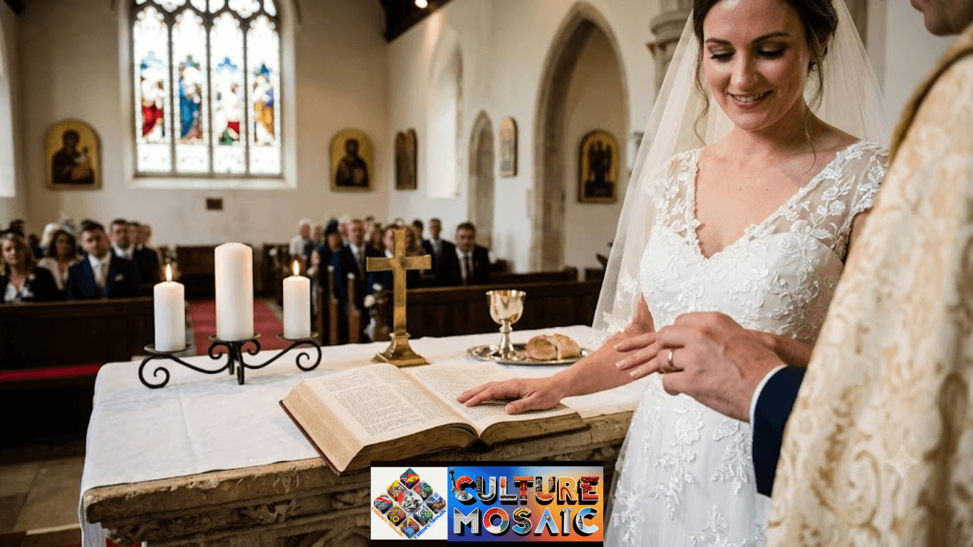 What Are Christian Wedding Traditions: A close-up photograph capturing the central moments of a Christian wedding ceremony, with the hands of the bride and groom placing a ring onto her finger over an open Bible on a traditional stone altar. In the background, three lit unity candles, a simple brass cross, and soft daylight filtering through a large stained-glass window establish the sacred church setting.