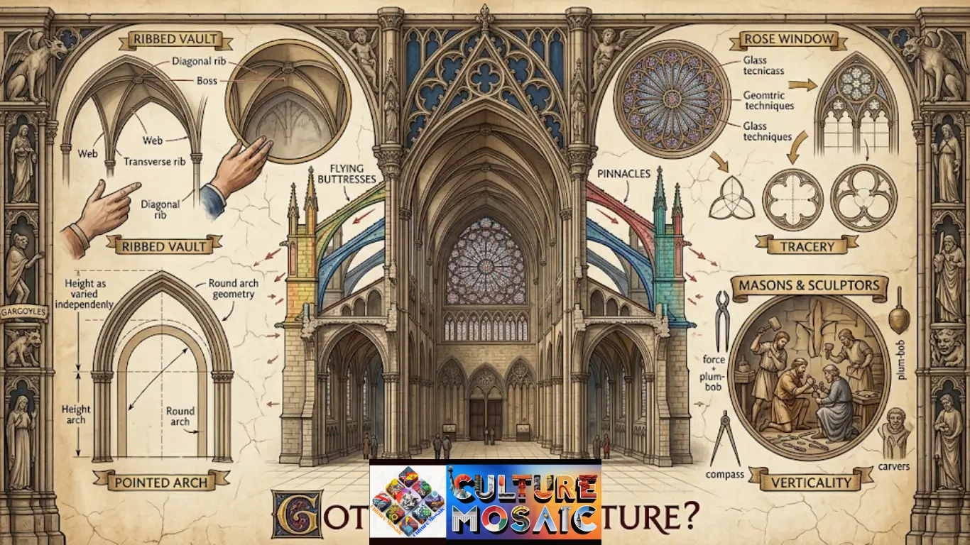 A detailed infographic illustration breaking down the key structural and decorative features of Gothic architecture. The image shows a labeled central cross-section of a cathedral nave, surrounded by diagrams of specific elements: pointed arches (showing geometric comparisons to round arches), ribbed vaults (with dynamic hand diagrams illustrating thrust), flying buttresses, pinnacles, rose windows, tracery patterns, and a scene of masons and sculptors at work. All components are clearly labeled with text on a parchment-style background. The primary headline asks, "What Defines Gothic Architecture?"