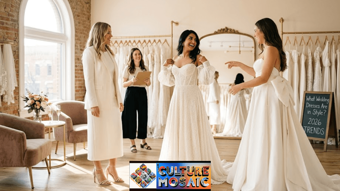A candid, joyful, full-body photograph captures three friends trying on diverse wedding dresses inside a sunlit bridal boutique. In the foreground, one bride wears a textured, off-the-shoulder lace gown with detachable sheer sleeves and a basque waist, smiling as she looks at a second bride, who is in a minimalist, structured mikado silk ballgown with a sweetheart neckline and an oversized bow on the back. A third bride models a modern, chic crepe midi-length gown paired with a tailored blazer and strappy heels. The boutique background features warm wooden floors, soft cream walls, natural light from a large arched window on the left, rows of hanging gowns on brass rails, and a large ornate mirror reflecting the scene. A stylist nearby holds a clipboard. A small chalkboard sign near the mirror in the background reads: "What Wedding Dresses Are in Style? 2026 TRENDS." The overall mood is authentic, celebratory, and full of natural sunlight.