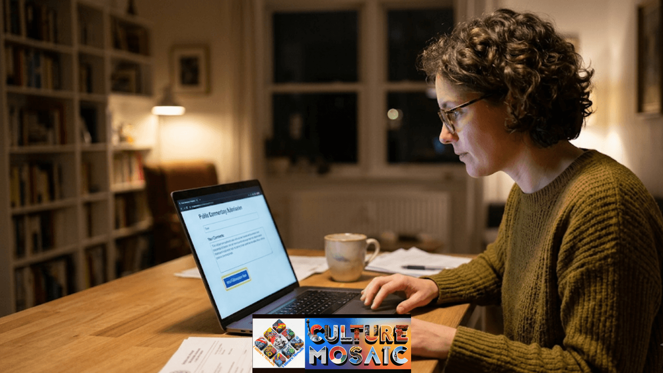 What is public commentary: A focused woman in glasses and an olive green sweater sits at a warmly lit wooden table at night, submitting a form on her laptop clearly labeled 'Public Commentary Submission.