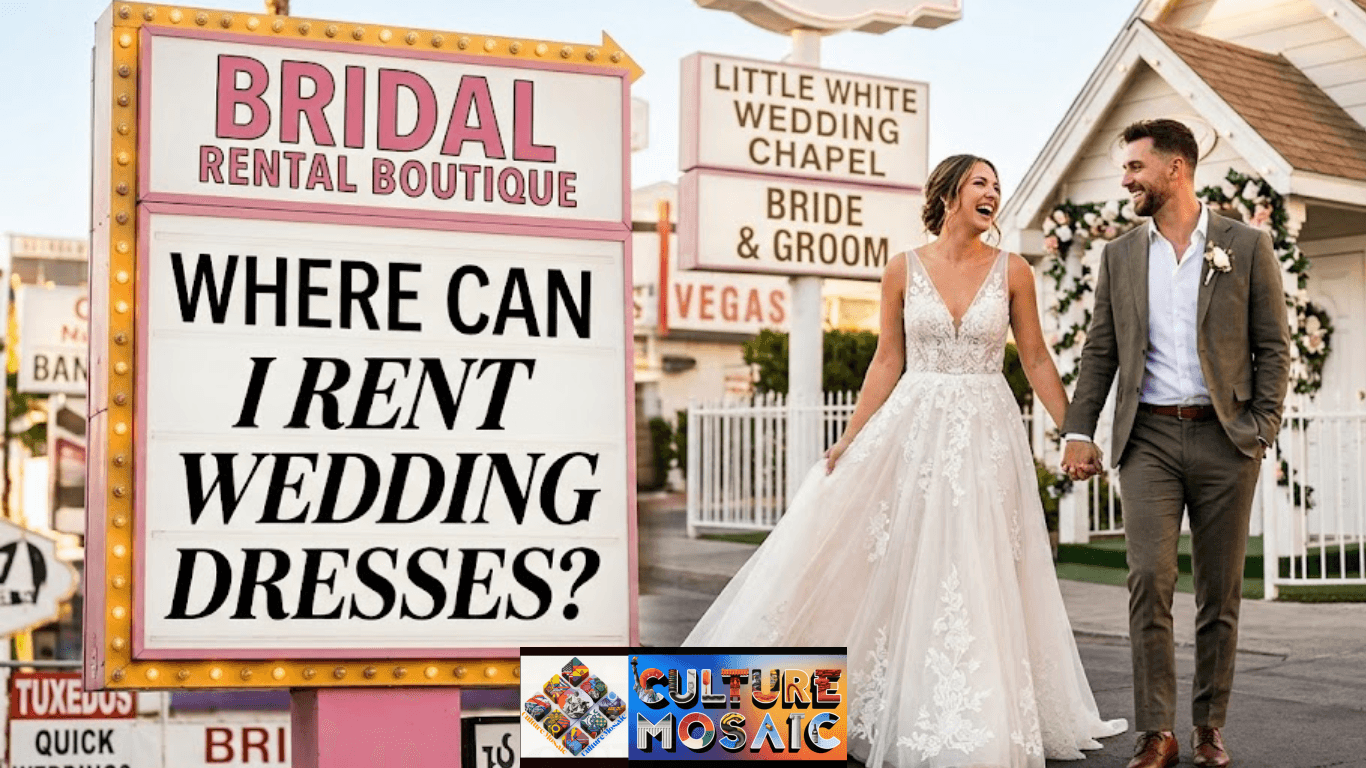 A joyful bride and groom hold hands and walk past a brightly lit vintage Las Vegas sign that clearly asks, 'WHERE CAN I RENT WEDDING DRESSES?'. The background shows other wedding chapels under a golden sky.