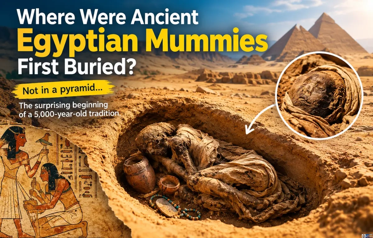 An illustration exploring Where Were Ancient Egyptian Mummies First Buried?, showing a body naturally preserved in a shallow desert pit before the age of pyramids.