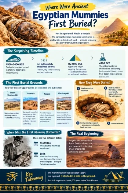 An infographic answering Where Were Ancient Egyptian Mummies First Buried?, detailing shallow desert pits, burial sites in Upper Egypt, and the timeline of early mummification.