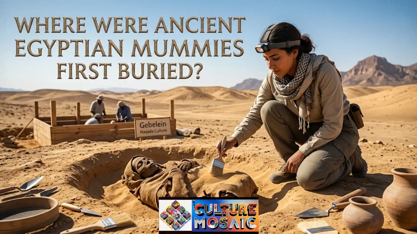 A dynamic photograph in a wide aspect ratio, suitable for a web header. An archaeologist, wearing field gear and a headlamp, kneels in the desert, carefully brushing sand from a preserved body in a shallow oval pit. The large text "WHERE WERE ANCIENT EGYPTIAN MUMMIES FIRST BURIED?" is superimposed in an ancient stone font on the upper left. The context is a historical dig site, with other archaeologists working on a larger wooden frame in the background and a simple sign reading "Gebelein" visible.