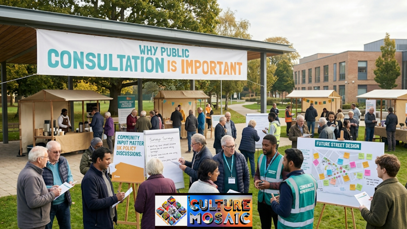 A bustling community public consultation event in the UK, where a large group of diverse residents are actively engaged with surveys, interactive exhibition boards, and council officers under a large teal and orange banner reading "WHY PUBLIC CONSULTATION IS IMPORTANT" within a park setting near modern public buildings.