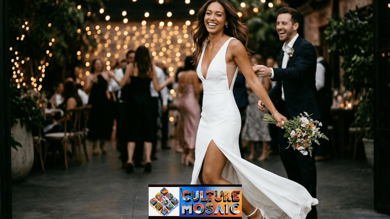 A confident bride laughing and moving through a reception crowd, wearing a sleek crepe column wedding dress with a deep V-neck and a high thigh-high slit, embodying the "best sexy wedding dresses" style.