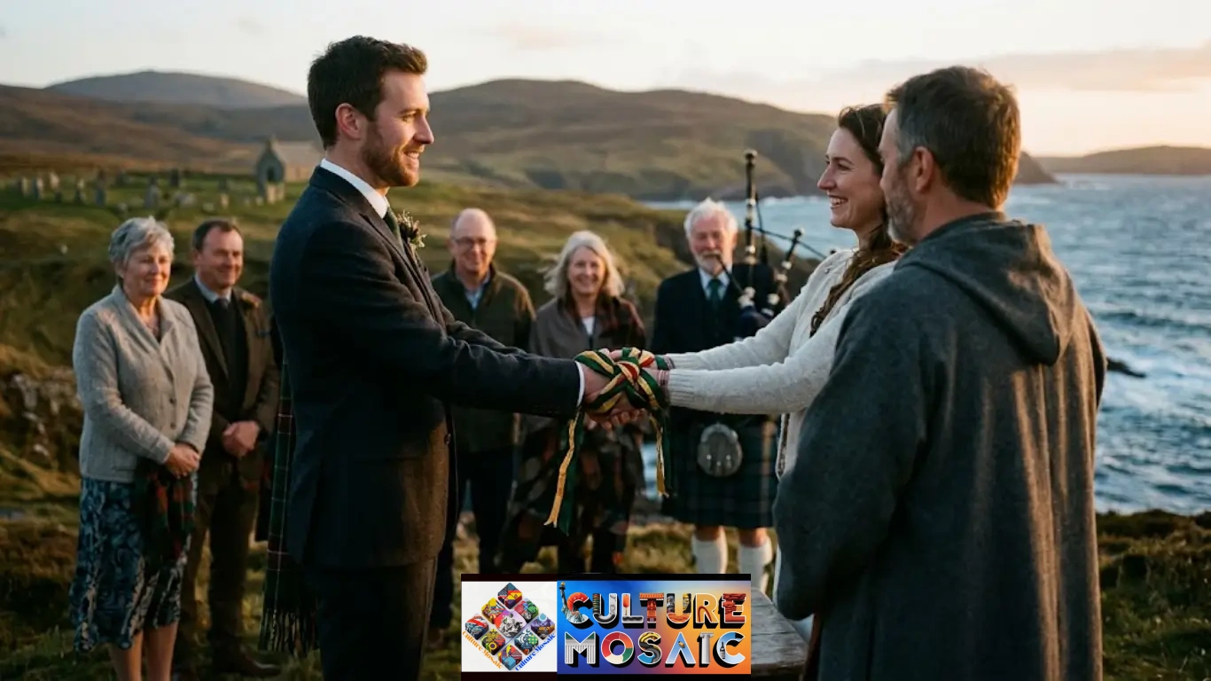 celtic wedding traditions and customs: A smiling bride and groom facing each other on a rugged Scottish coastline at sunset, their hands bound together by a traditional handfasting cord made of green, red, and gold ribbons. An older celebrant in a contemporary gray woolen robe performs the ceremony. In the midground, small group of intimate guests watches, including a bagpiper in a kilt. In the foreground, a silver quaich and an unadorned oathing stone rest on a weathered wooden table. The Atlantic ocean and cliffs form the background under a warm twilight sky.