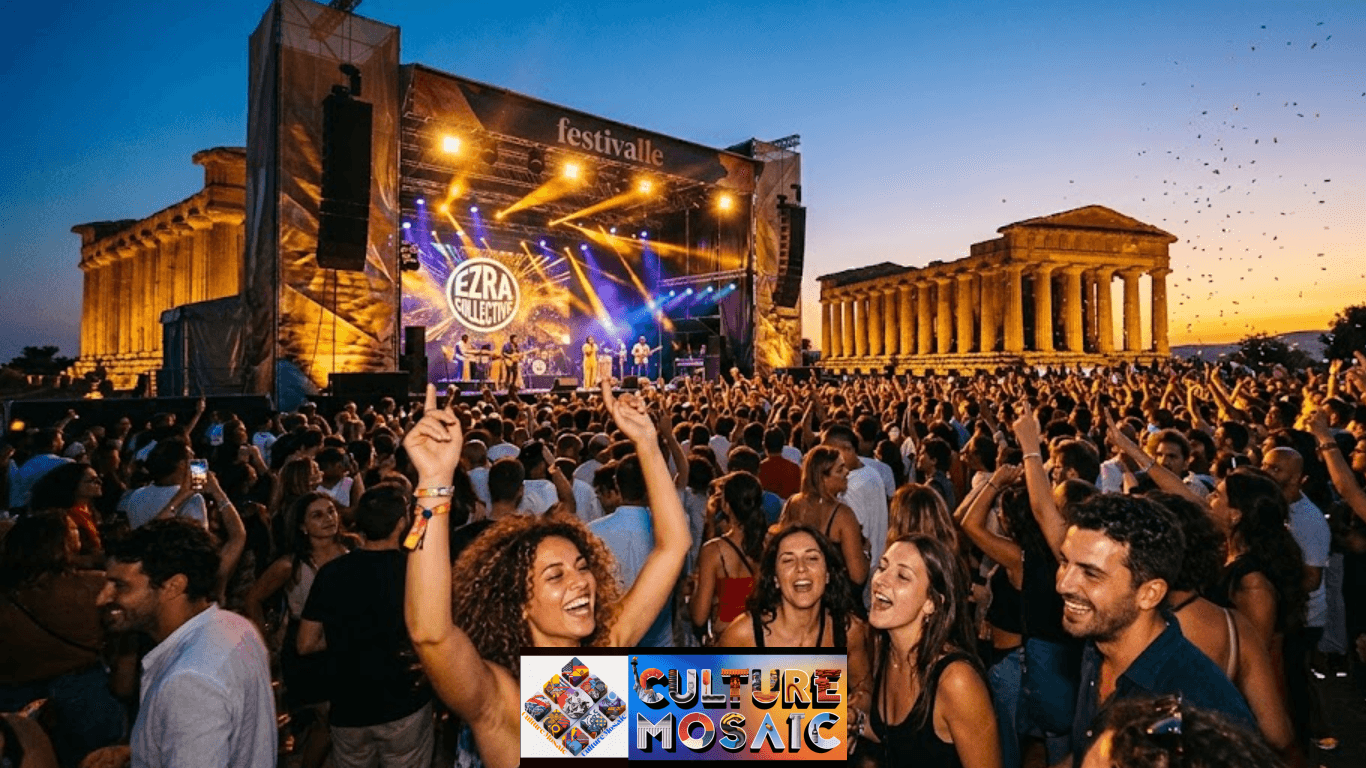 A vibrant photograph of the 'Festivalle' music event at twilight in Agrigento, Sicily. A large crowd of people dance and celebrate with raised hands before a modern, lit stage featuring the band Ezra Collective performing. Ancient Greek temple ruins (Temple of Concordia) are illuminated in the background under a blue and orange sunset sky. The atmosphere is energetic with warm lights and movement.