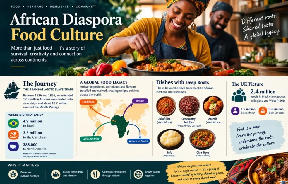 Infographic showing the global journey of African diaspora food culture from Africa to the Caribbean, Brazil, North America, and Britain, with examples including jollof rice, acarajé, fufu, and Lowcountry red rice.