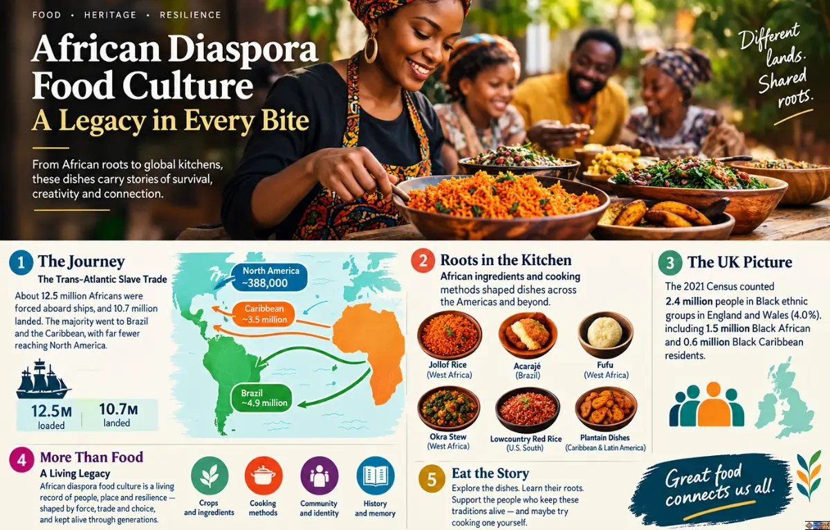 African diaspora food culture shown through a joyful communal meal featuring traditional dishes, colorful African textiles, and multigenerational family members sharing food.