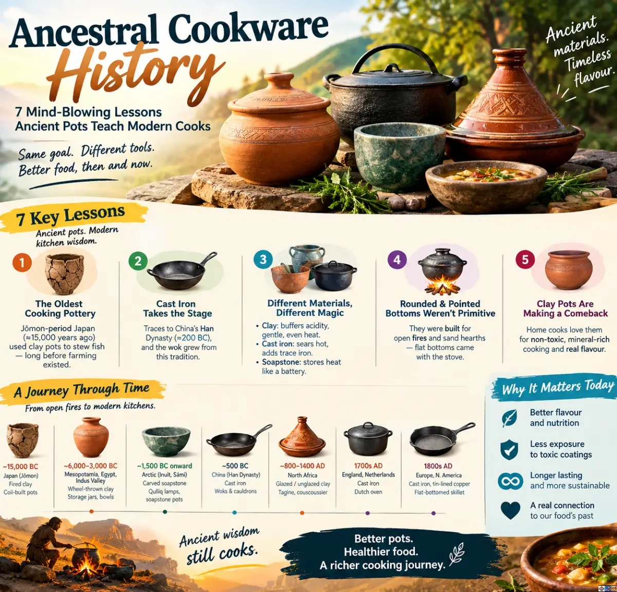 Infographic titled "Ancestral Cookware History: 7 Mind-Blowing Lessons Ancient Pots Teach Modern Cooks," featuring historical cooking vessels, a timeline from 15000 BC to the 1800s AD, and key benefits of traditional cookware.