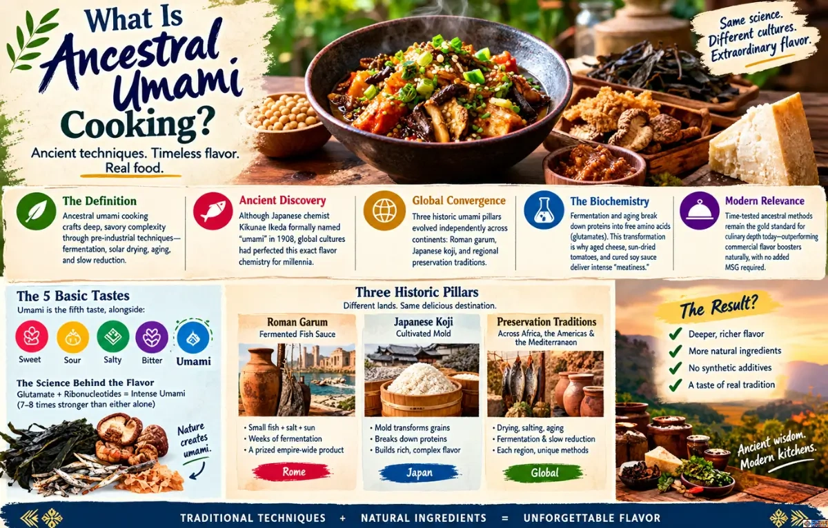 Infographic for Culture Mosaic titled "What Is Ancestral Umami Cooking?", outlining the five basic tastes, the science of glutamates, and three historic culinary pillars including Roman garum, Japanese koji, and global preservation traditions.