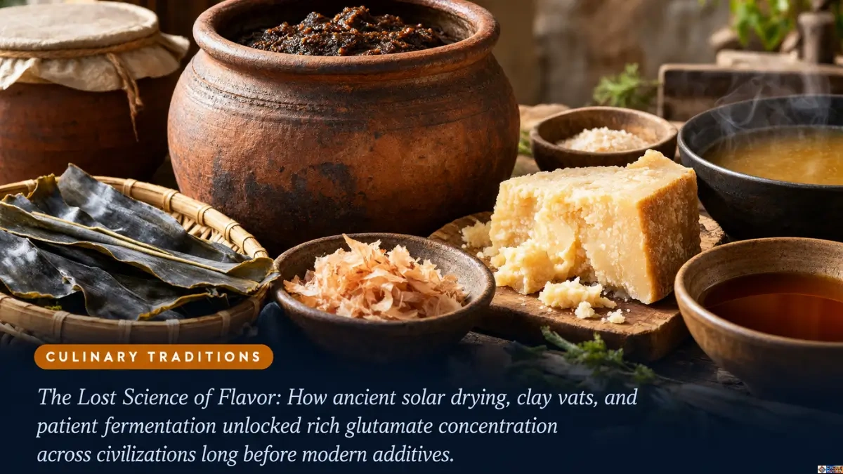 Ancestral umami cooking ingredients including traditional clay fermentation jars with miso paste, dried kombu kelp, bonito flakes, aged parmesan cheese, and savory broths.