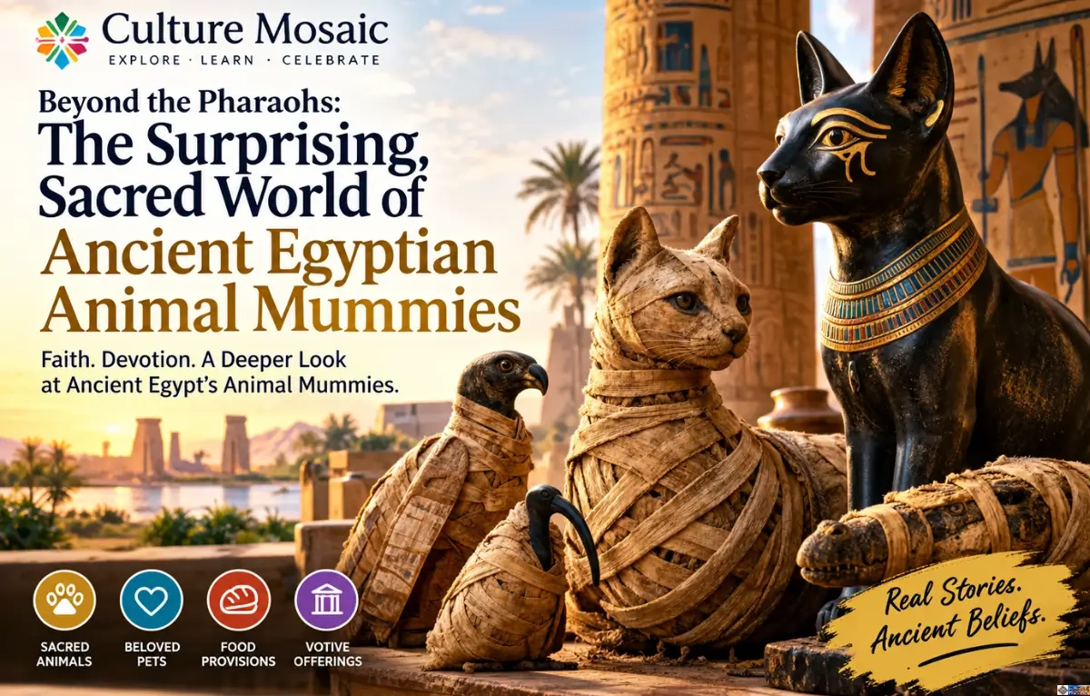An illustration of ancient Egyptian animal mummies, including wrapped figures of cats, birds, and a crocodile alongside a black cat statue against an Egyptian temple backdrop.