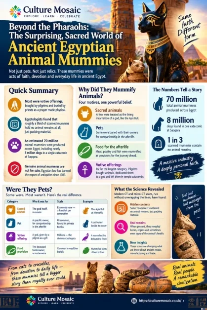 An infographic exploring Ancient Egyptian Animal Mummies, detailing quick summary statistics, reasons for mummification like votive offerings and pets, and CT scan discoveries.
