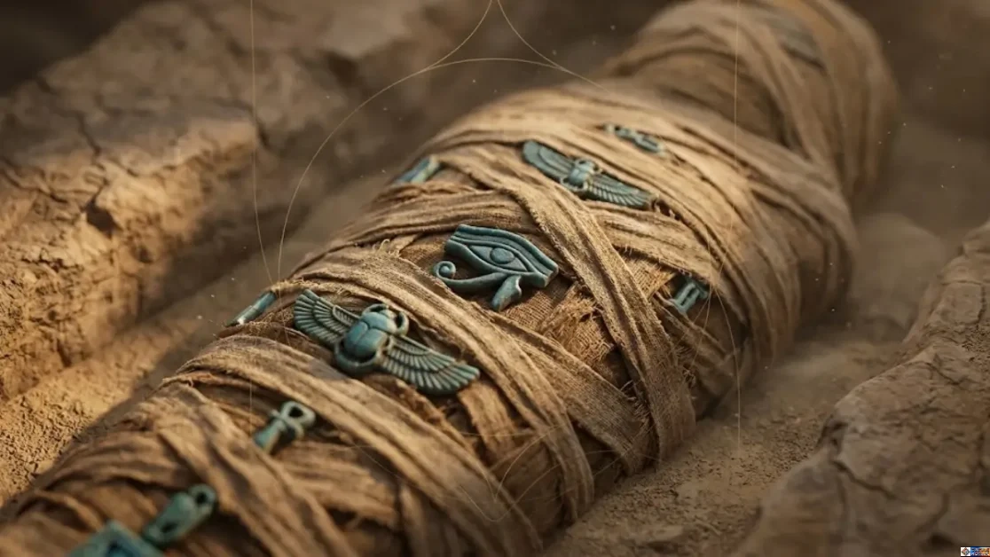 Linen-wrapped mummy with protective faience amulets, including the Eye of Horus and winged scarab, highlighting ancient Egyptian burial customs.