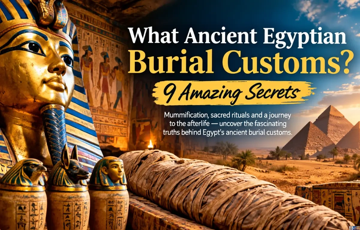 An illustration exploring Ancient Egyptian Burial Customs, featuring a golden sarcophagus, canopic jars, a wrapped mummy, and pyramids under a desert sky.