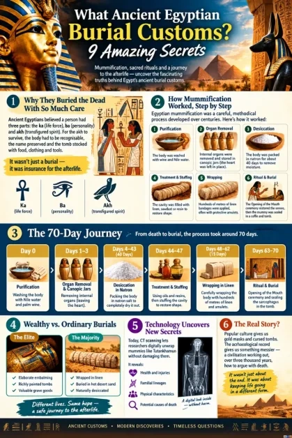 An infographic breaking down Ancient Egyptian Burial Customs, detailing the 70-day mummification journey, soul concepts like ka and ba, and modern CT scan discoveries.