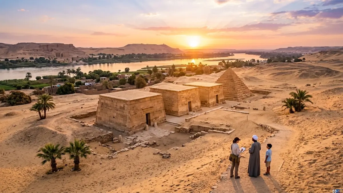 Panoramic view of an ancient Egyptian burial site at sunrise featuring three stone mastaba tombs and a step pyramid overlooking the Nile, illustrating the historical setting of royal and elite burial customs.