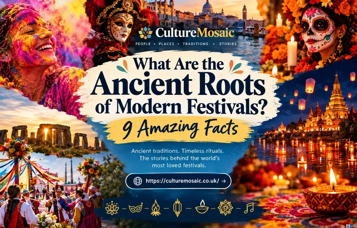 Culture Mosaic promotional banner for "What Are the Ancient Roots of Modern Festivals? 9 Amazing Facts," featuring a vibrant collage of global celebrations including Holi, Venetian Carnival, Día de los Muertos, Stonehenge, floating lanterns, and traditional folk dances.