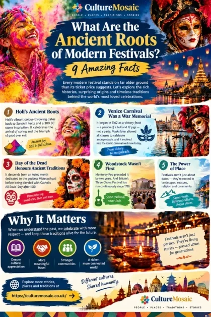 Infographic guide for "What Are the Ancient Roots of Modern Festivals? 9 Amazing Facts," detailing the historical origins of celebrations like Holi, Venice Carnival, and Day of the Dead, alongside key takeaways on cultural heritage.