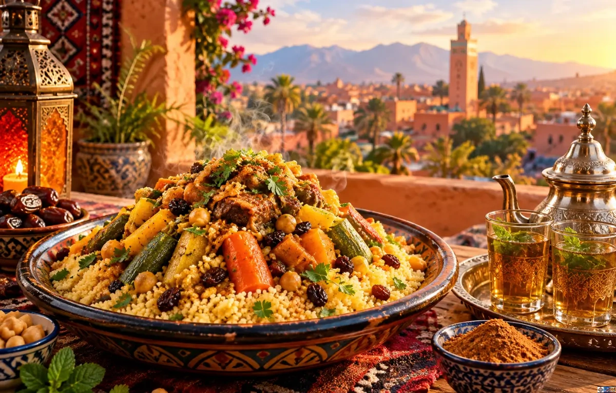 A large decorative serving bowl of steaming authentic Moroccan couscous topped with tender meat, carrots, zucchini, chickpeas, and raisins, set against a backdrop of a Moroccan cityscape at sunset with traditional mint tea