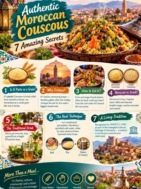 An informational infographic detailing seven secrets of authentic Moroccan couscous, covering preparation techniques, cultural traditions, and its recognition as UNESCO intangible cultural heritage