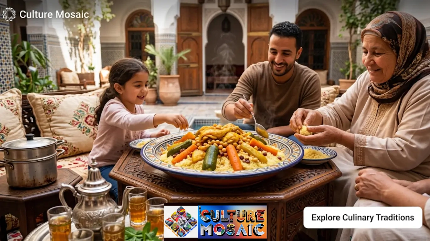 Authentic Moroccan Couscous: An authentic photograph of a traditional Moroccan multi-generational family (a grandmother, a man, and a young girl) gathered around a communal platter of Couscous aux Sept Légumes in a sunlit Marrakech riad courtyard. They are smiling, engaged in the meal, using both hands and spoons. Traditional elements like Moroccan mint tea glasses, a couscoussier steamer, and rich textile cushions are in the foreground, with traditional 'Culture Mosaic' branding.