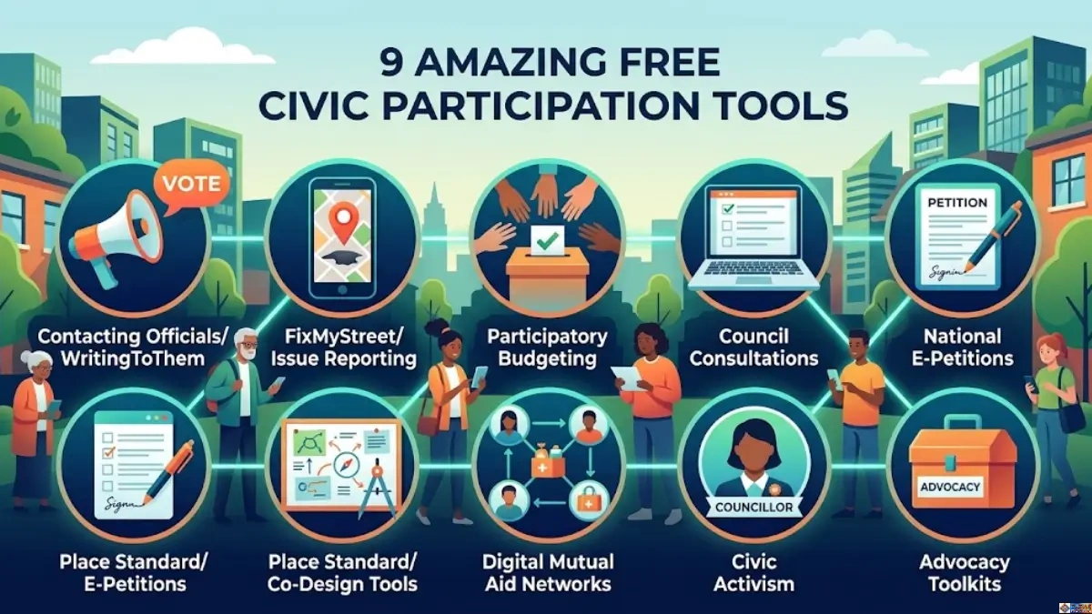 A vibrant, engaging illustration showing nine distinct icons representing a diverse range of civic participation tools. The image showcases a digital-first approach to community engagement against a backdrop of a modern green city. Icons include a megaphone for contacting officials, a phone with a map pin for issue reporting (like potholes or broken streetlights), hands voting on a budget line (participatory budgeting), a laptop for council consultations, a digital e-petitions document, a spatial mapping tool, a digital mutual aid network graph, and an 'advocacy' toolkit box. A diverse group of residents interact with these tools using mobile devices, illustrating accessible civic action.