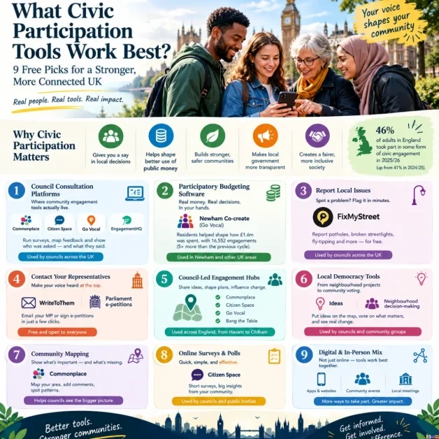 Infographic titled 'What Civic Participation Tools Work Best? 9 Free Picks for a Stronger, More Connected UK' showing a group of diverse residents looking at a smartphone against London landmarks, key civic statistics, and a numbered 9-tool breakdown including Commonplace, FixMyStreet, WriteToThem, and Citizen Space.