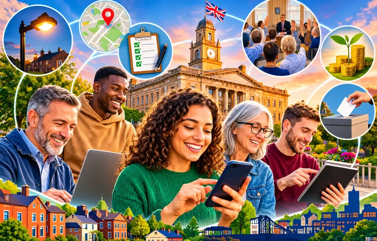A diverse group of UK residents using laptops, smartphones, and tablets, in front of a historic local council building with a UK flag, surrounded by floating icons representing street lighting, local mapping, petitions, town hall meetings, community funding, and voting.